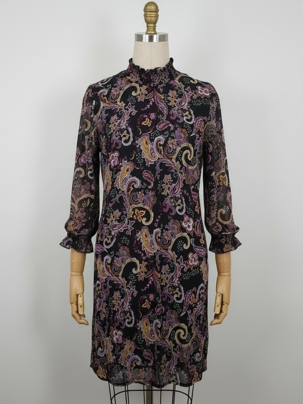 Absolutely Famous Black Paisley Long-Sleeve Ruffle-Neck Dress